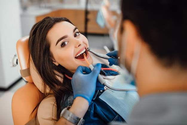 "Healthy gums and teeth with dental tools for gum care."
